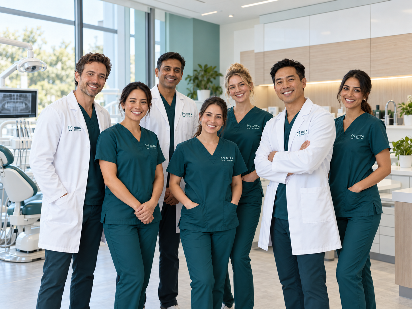 AI-generated image of a smiling dental team in a modern clinic